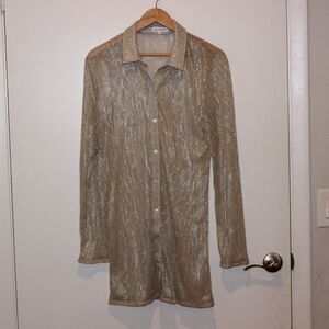 Good American Gold Metallic Ruched Sheer Button Up mini dress Size 3 Large Women